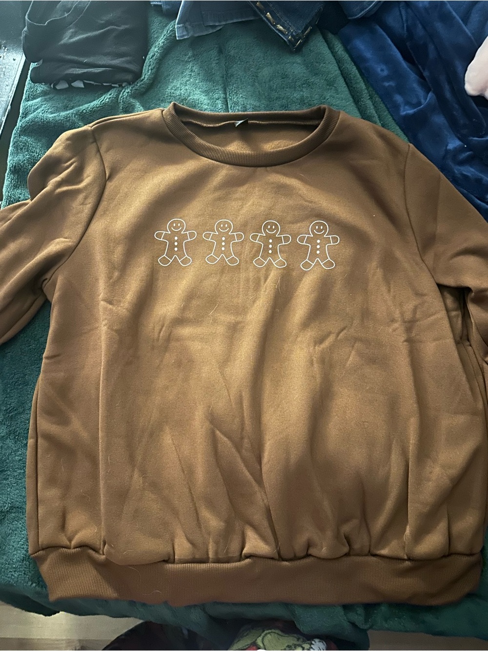 SHEIN Brown Crewneck Sweater with White Gingerbread Motif
